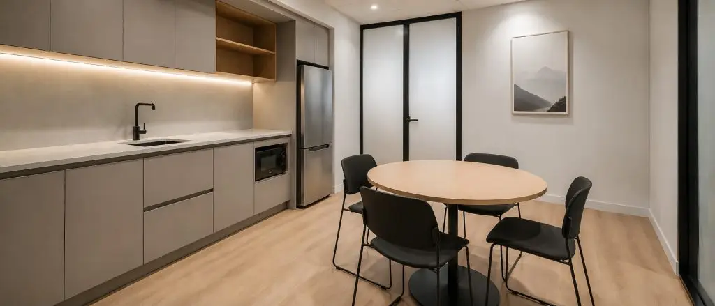 Modern office kitchenette and breakout area with grey cabinetry, timber flooring, round dining table, black chairs and minimalist neutral finishes