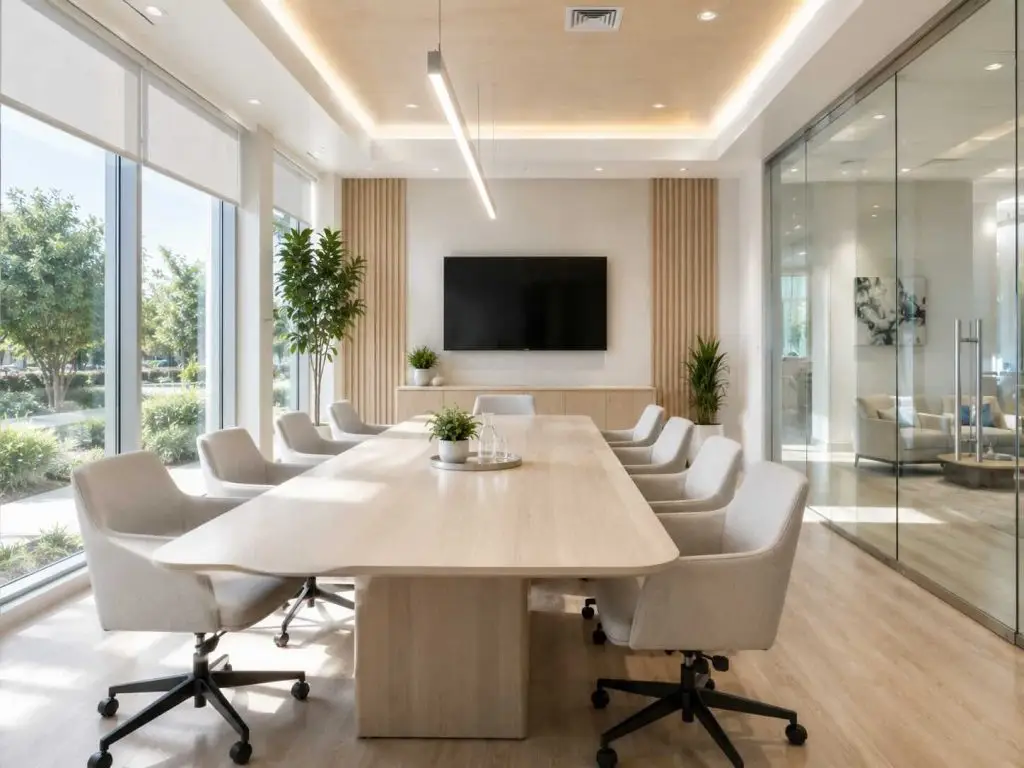 Modern office meeting room with a light timber conference table, neutral chairs, glass walls, indoor plants and natural light.