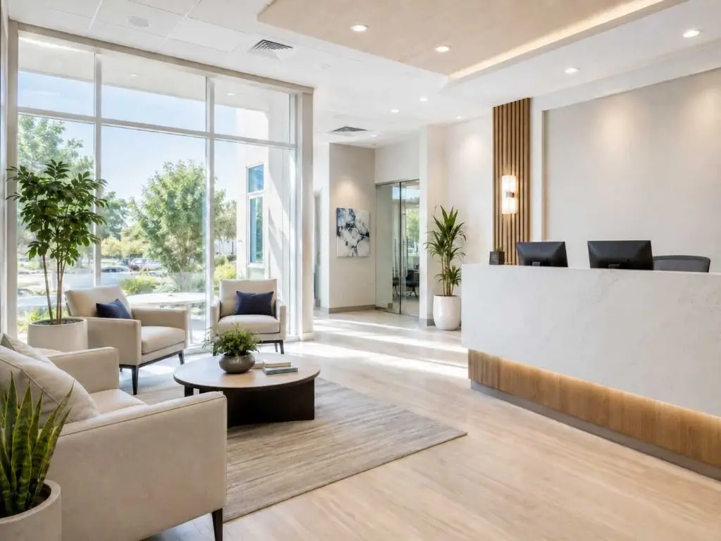 Bright modern office waiting room with neutral seating, indoor plants, large windows, light wood flooring and a clean reception desk.