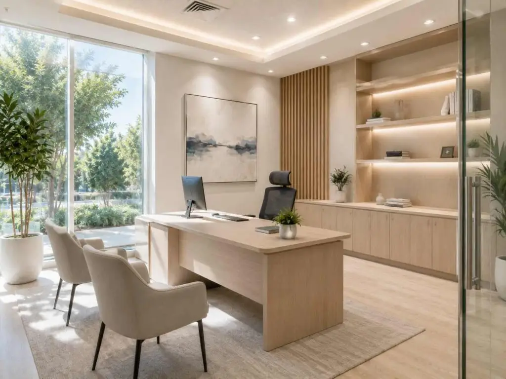 Modern private office with a timber desk, guest chairs, built-in shelving, indoor plants, large windows and warm neutral finishes.
