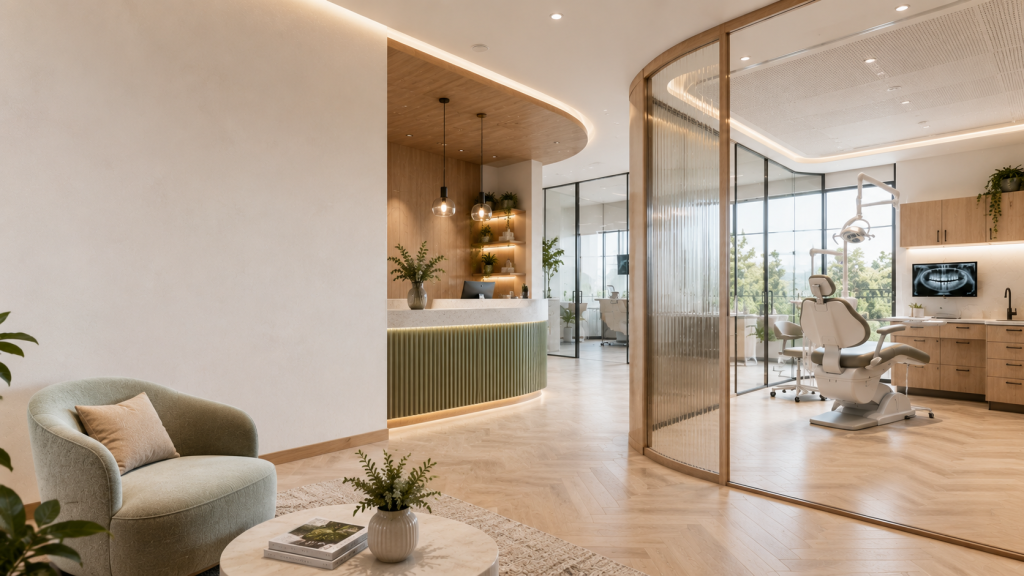 Contemporary dental clinic waiting area with comfortable seating, elegant reception desk, glass treatment rooms and modern dental surgery in the background.