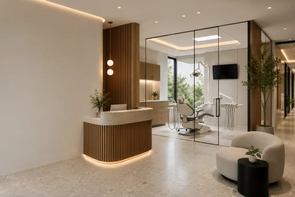 Luxury dental clinic reception with curved timber reception desk, private glass treatment room, modern dental equipment and bright contemporary interior.