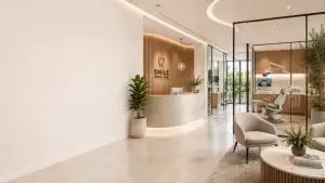 Modern dental clinic reception featuring a curved reception desk, glass treatment room, contemporary dental chair, timber finishes and comfortable waiting area.