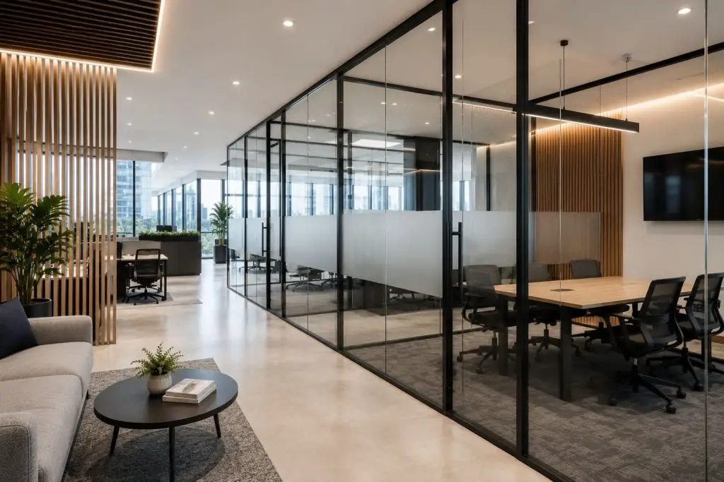 Modern Melbourne office with glass meeting rooms, office partitions, and open-plan workspace.