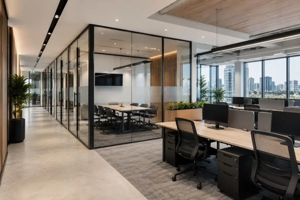Modern open-plan Melbourne office with glass partitions and contemporary meeting rooms.